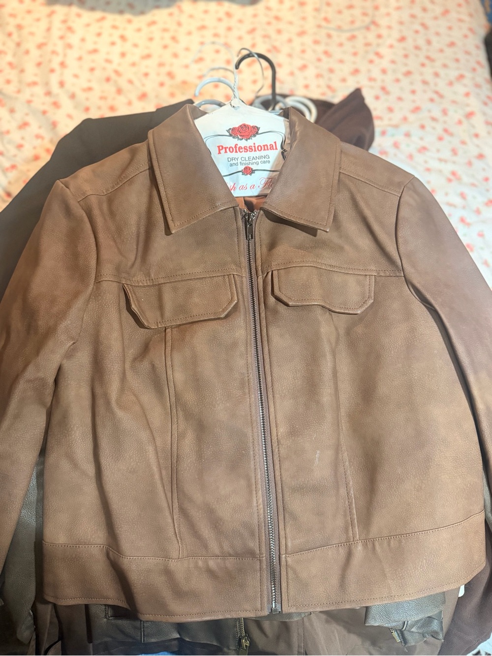 Allegra K Brown Leather Zip-Up Women's Jacket